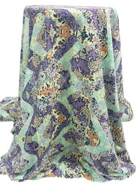 Soft Concord Grape/Pale Goldenrod/Coral/White 100% Rayon Floral Zig Zag Print Challis 54W