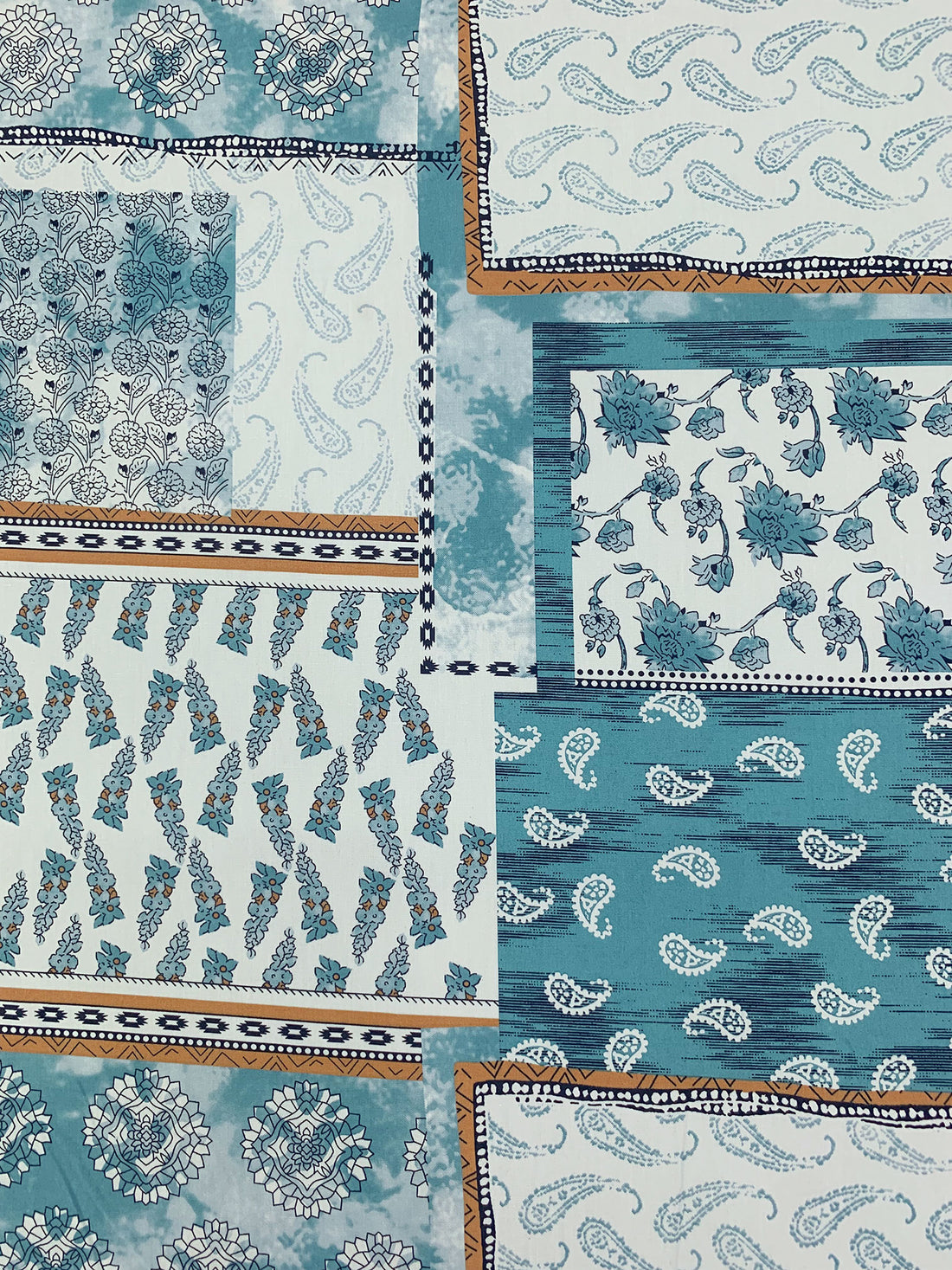 Teal Blue/Palest Robin Egg Blue/Bronze 100% Cotton Paisley & Floral Framework Print Poplin Shirting 56W