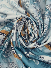 Teal Blue/Palest Robin Egg Blue/Bronze 100% Cotton Paisley & Floral Framework Print Poplin Shirting 56W