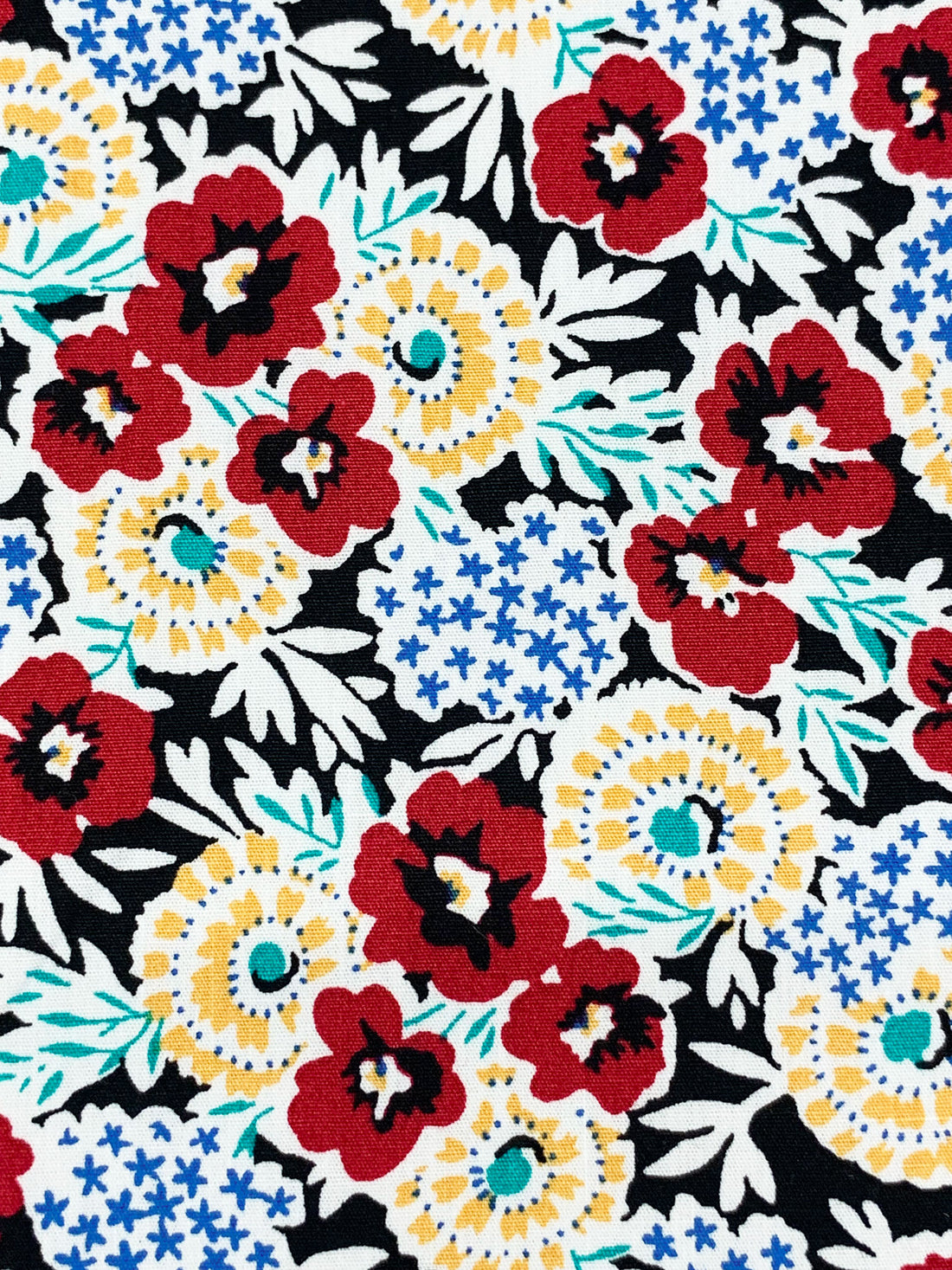 Crimson Red/Dark Cornflower Blue/White/Black 100% Cotton Floral Print Poplin Shirting 56W