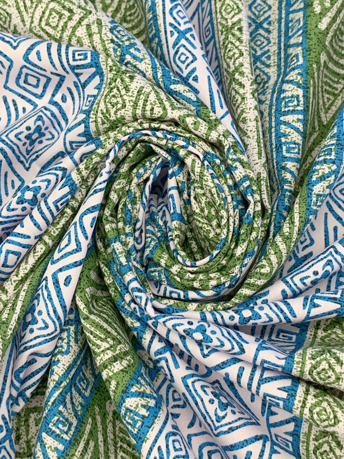 Olive Drab/Steel Blue/Off-White 100% Cotton Vertical Tribal Stripe Print Poplin Shirting 56W