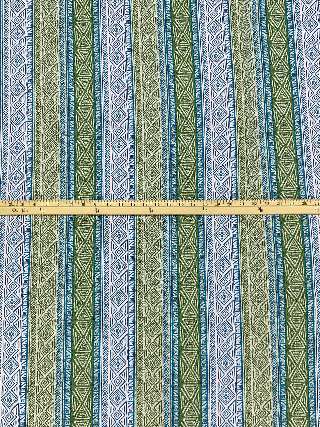 Olive Drab/Steel Blue/Off-White 100% Cotton Vertical Tribal Stripe Print Poplin Shirting 56W