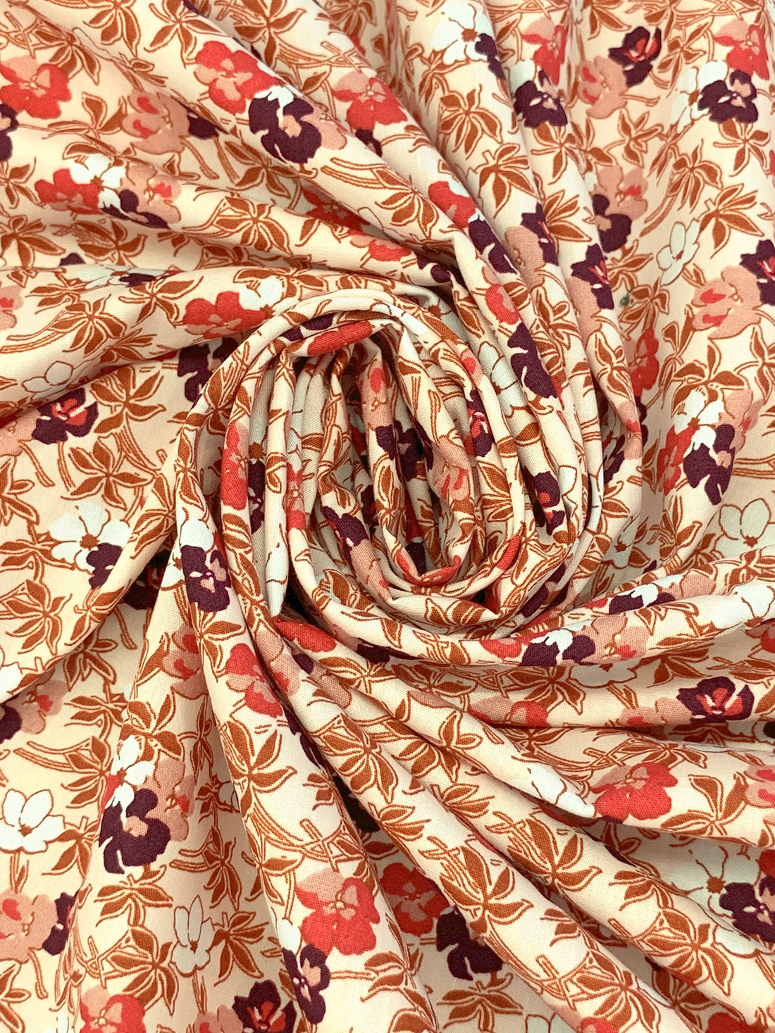 Blushing Peach/Red Ochre/Black/White 100% Cotton Floral Print Poplin Shirting 56W