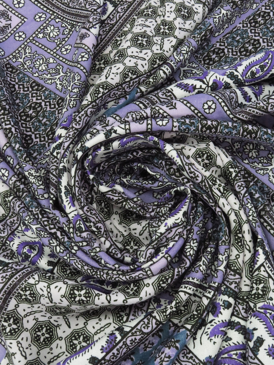 Iris Purple/Pale Shadow Lavender/Dark Pacific Blue/Multi 100% Rayon Ornate Patchwork Print Challis 56W