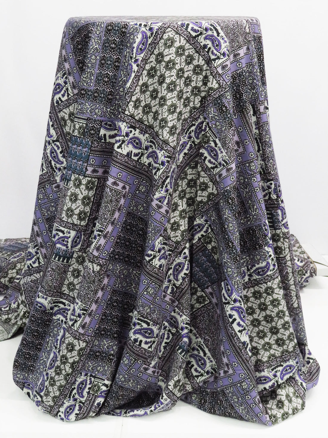 Iris Purple/Pale Shadow Lavender/Dark Pacific Blue/Multi 100% Rayon Ornate Patchwork Print Challis 56W