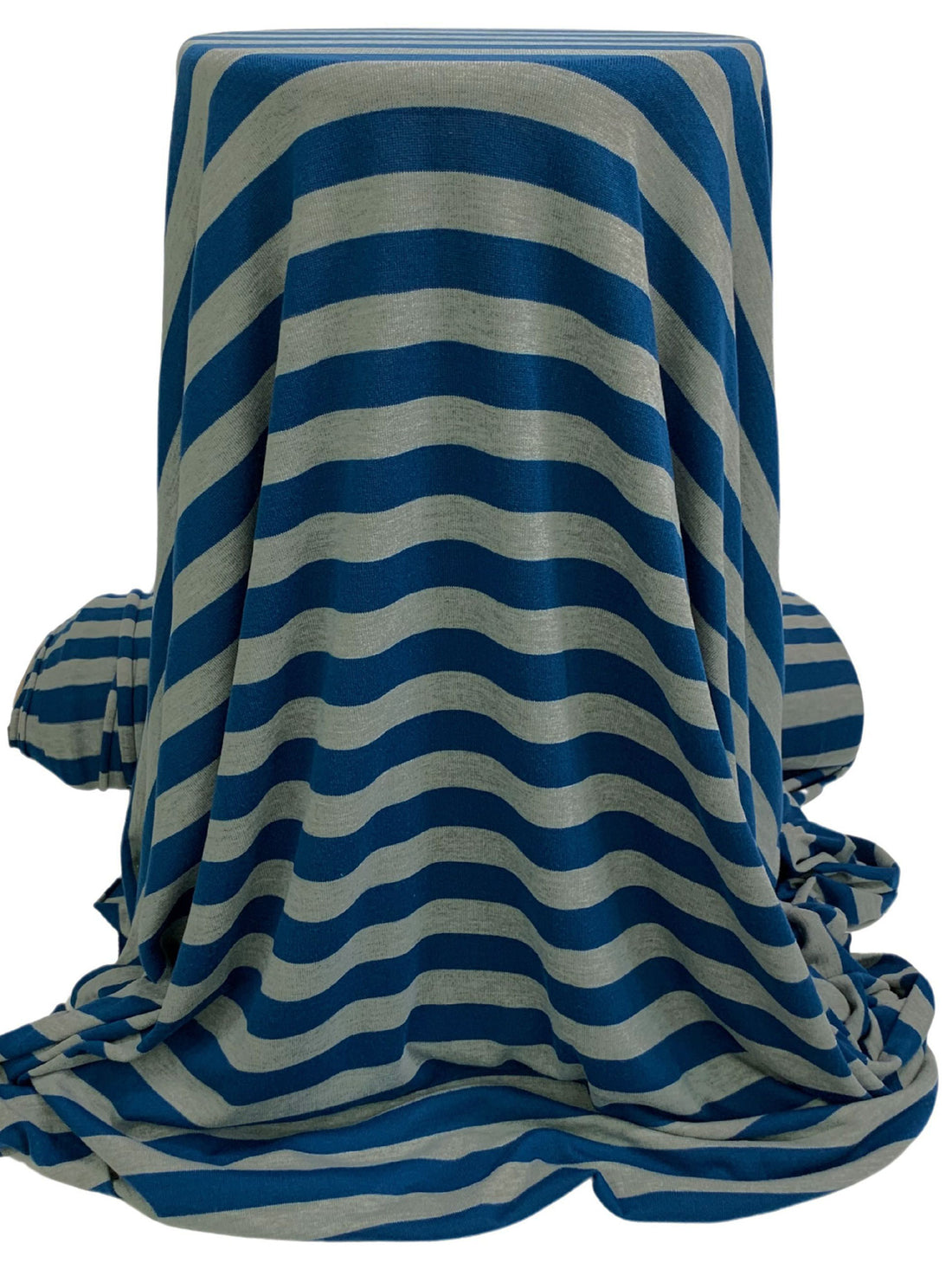Prussian Blue/Heathered Gray Polyester/Lycra Horizontal Stripe Hacci Sweater Knit 58W