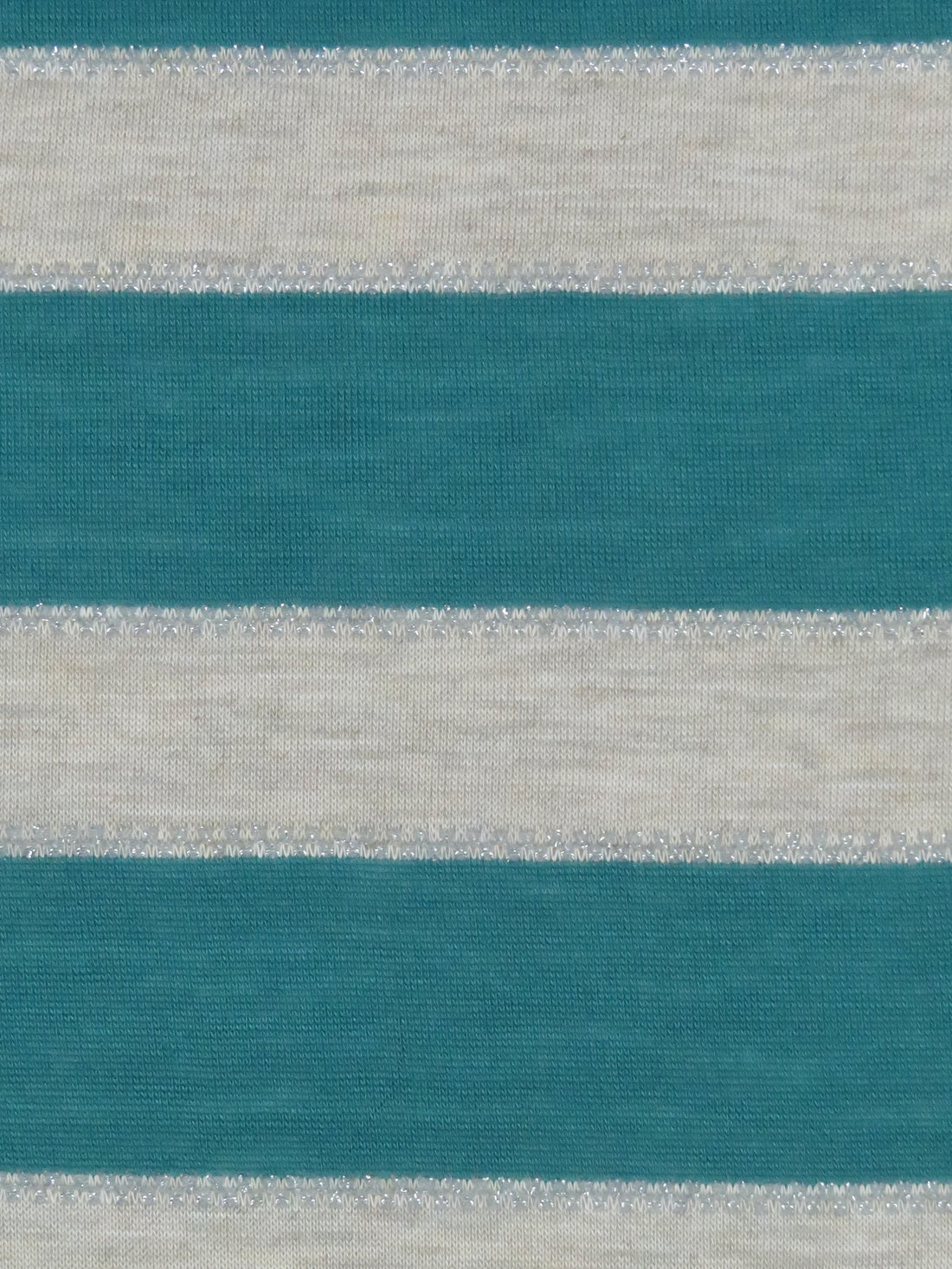 Heathered Oatmeal/Teal Green/Silver Rayon/Metallic/Lycra Horizontal Stripe Jersey Knit 56W