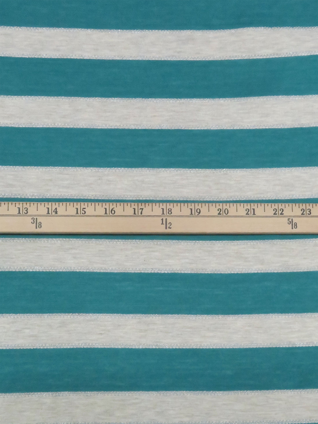 Heathered Oatmeal/Teal Green/Silver Rayon/Metallic/Lycra Horizontal Stripe Jersey Knit 56W