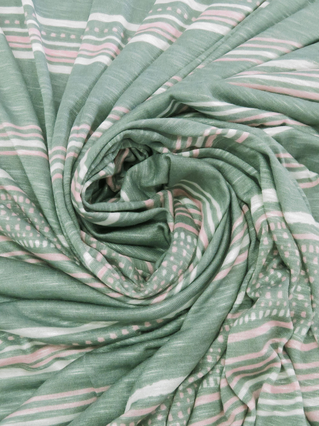 Sage/Ballet Pink/White Rayon/Lycra Horizontal Multi Stripe Print Slubbed Jersey Knit 54W