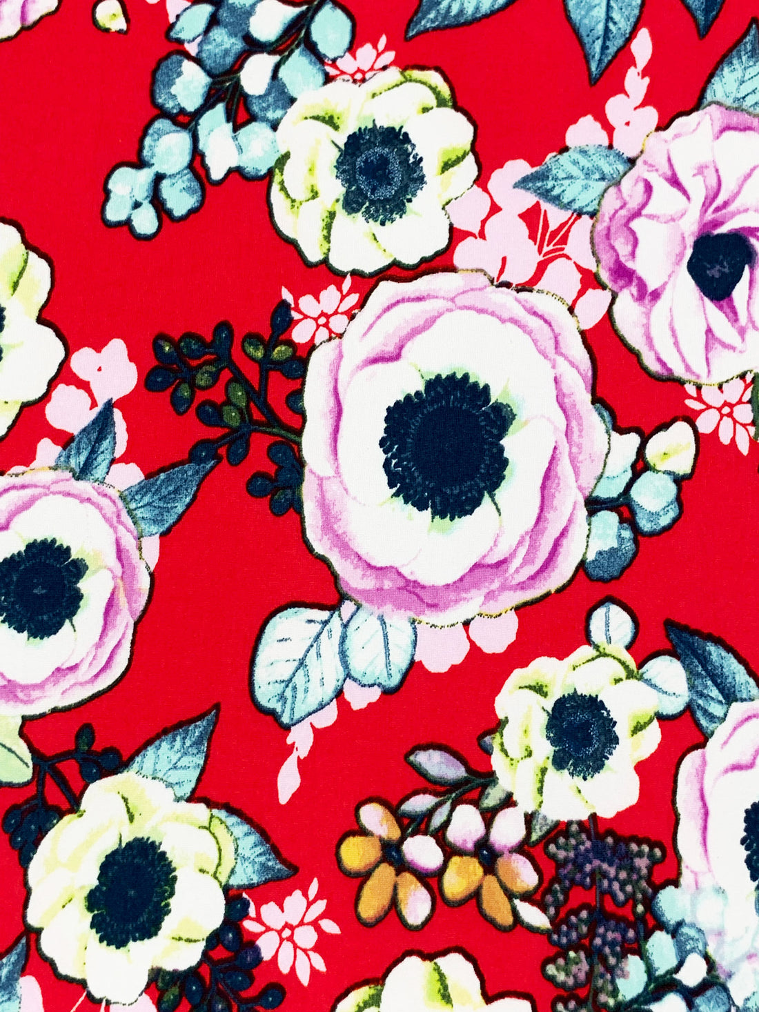 Electric Red/White/Royal Fuchsia/Yellow Polyester/Lycra Floral Print Double Brushed Knit 56W