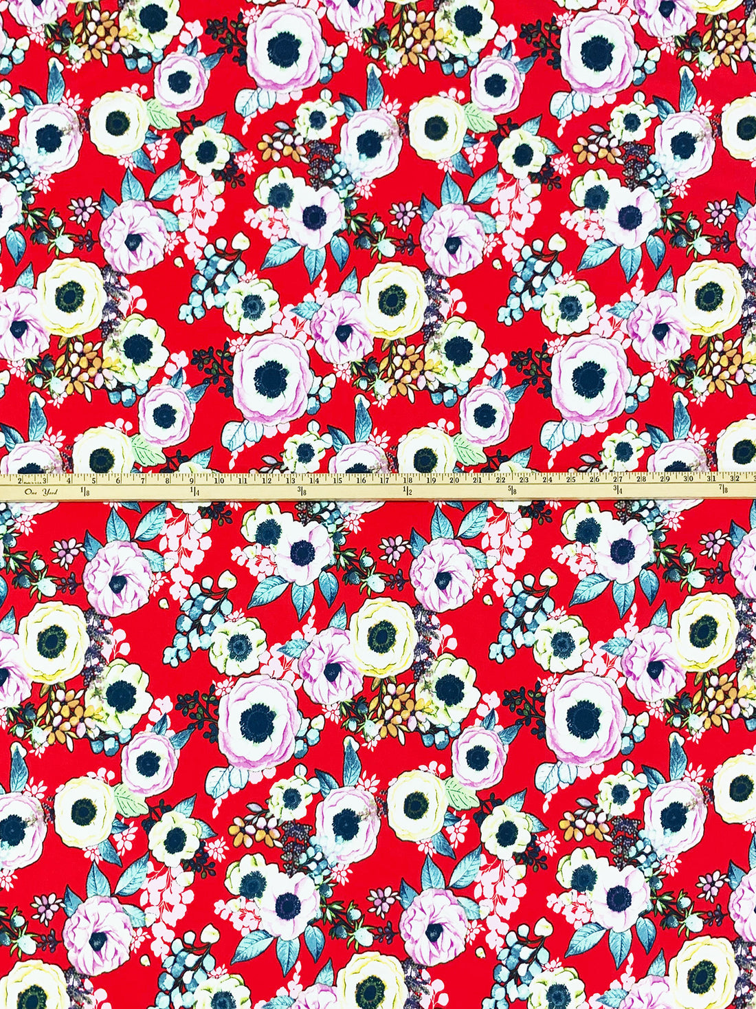 Electric Red/White/Royal Fuchsia/Yellow Polyester/Lycra Floral Print Double Brushed Knit 56W