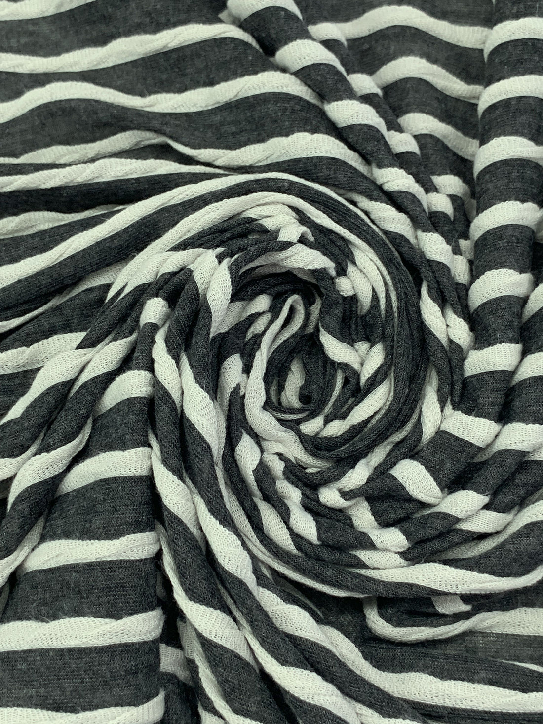 Heathered Dark Charcoal/Off-White Polyester/Rayon/Lycra Horizontal Small Ruffle Tissue Jersey Knit 56W