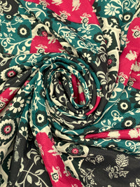 Raspberry/Pine Green/Muted Cream/Multi 100% Polyester Multi-Floral Print Crepe de Chine 58W
