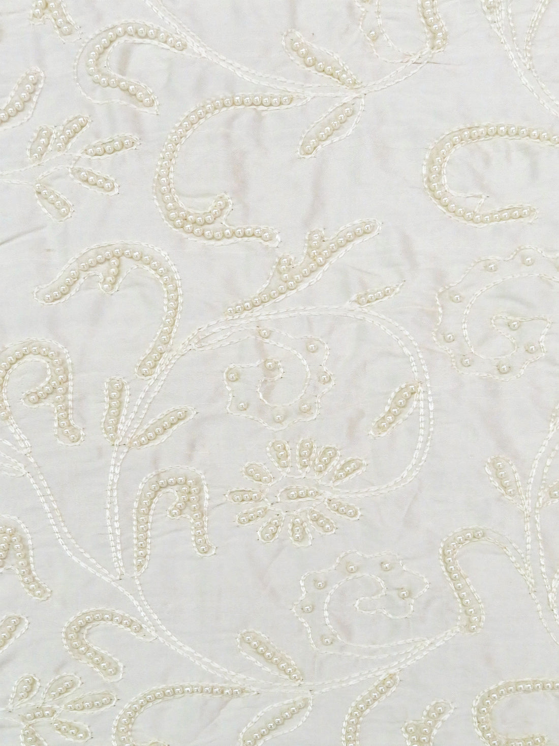 Soft Cream/Pearl 100% Silk White Floral Embroidered And Beaded Dupioni 41W