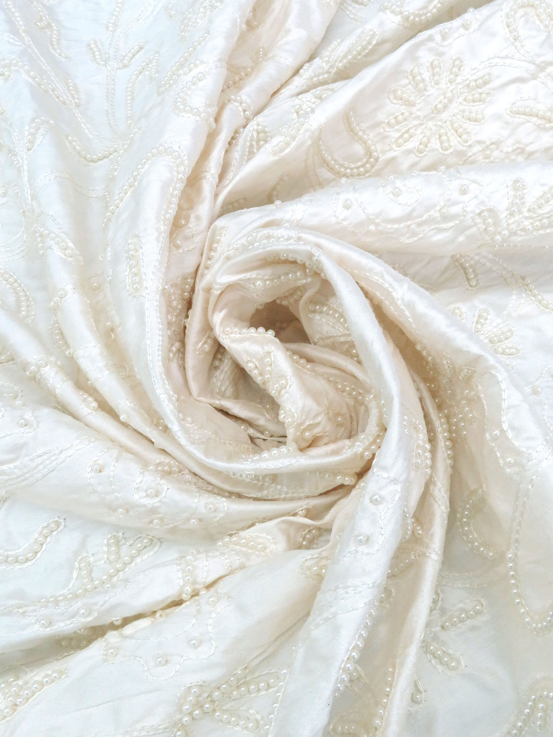 Soft Cream/Pearl 100% Silk White Floral Embroidered And Beaded Dupioni 41W