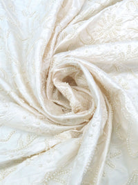 Soft Cream/Pearl 100% Silk White Floral Embroidered And Beaded Dupioni 41W