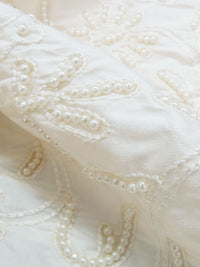 Soft Cream/Pearl 100% Silk White Floral Embroidered And Beaded Dupioni 41W