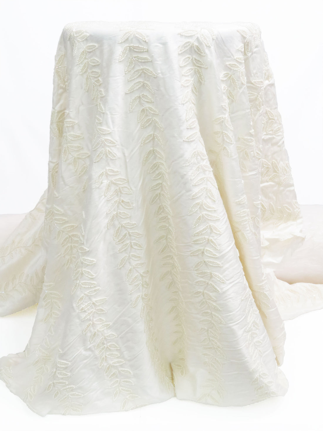 Ivory/Soft Pearl 100% Silk Vertical Beaded Floral Stripe Dupioni 41W