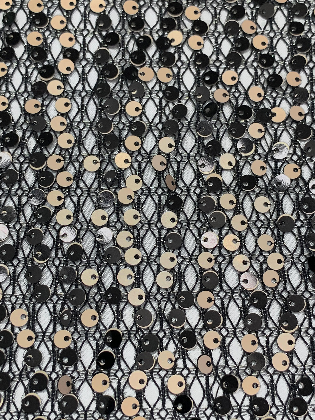 Black/Tan/Silver 100% Polyester Flip Sequins On Netting - NY Designer - 50W