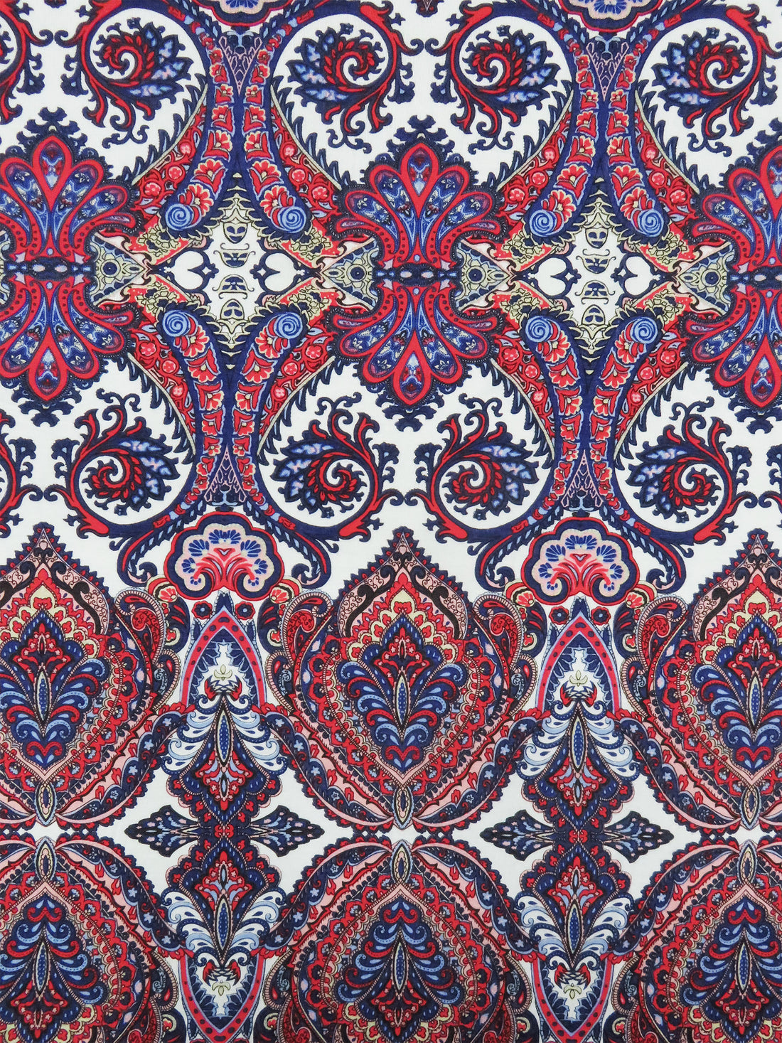 Deep Scarlet/Dark Cobalt/White/Multi Rayon/Lycra Ornate Paisley Print Jersey Knit 56W