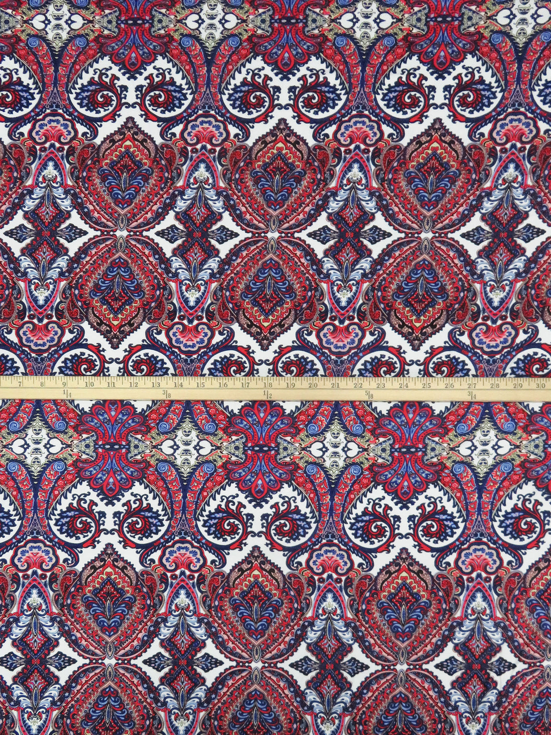 Deep Scarlet/Dark Cobalt/White/Multi Rayon/Lycra Ornate Paisley Print Jersey Knit 56W