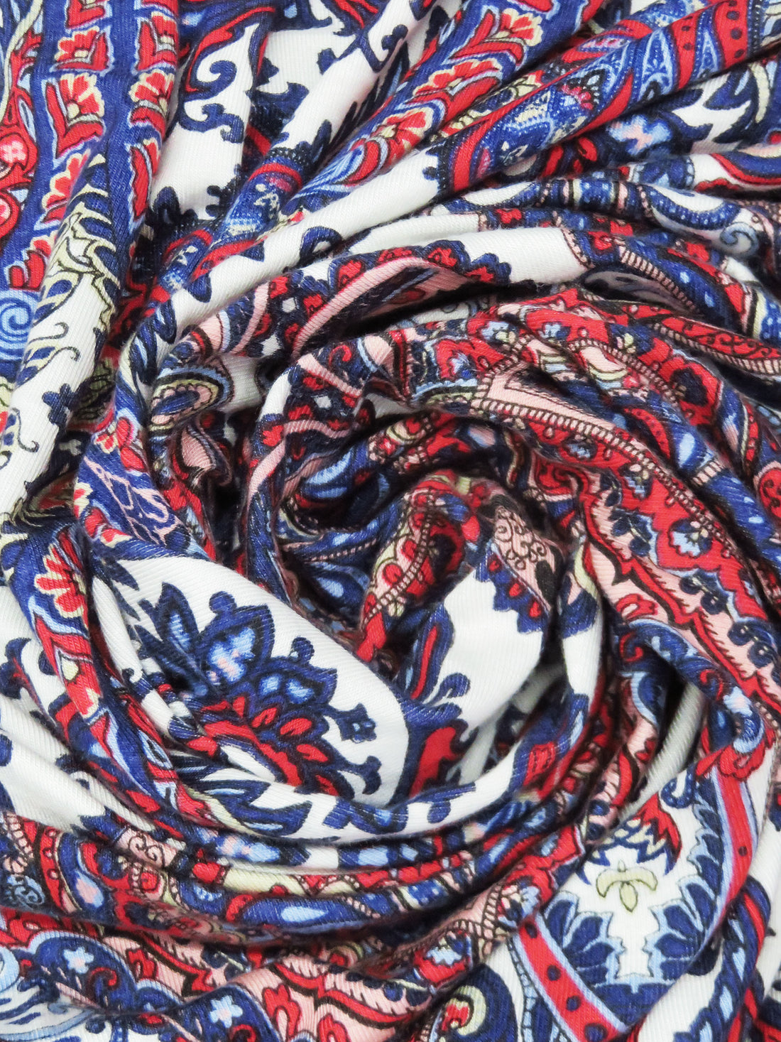 Deep Scarlet/Dark Cobalt/White/Multi Rayon/Lycra Ornate Paisley Print Jersey Knit 56W
