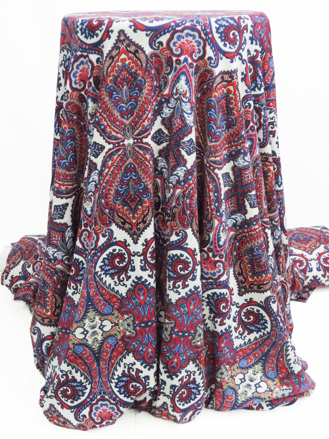 Deep Scarlet/Dark Cobalt/White/Multi Rayon/Lycra Ornate Paisley Print Jersey Knit 56W