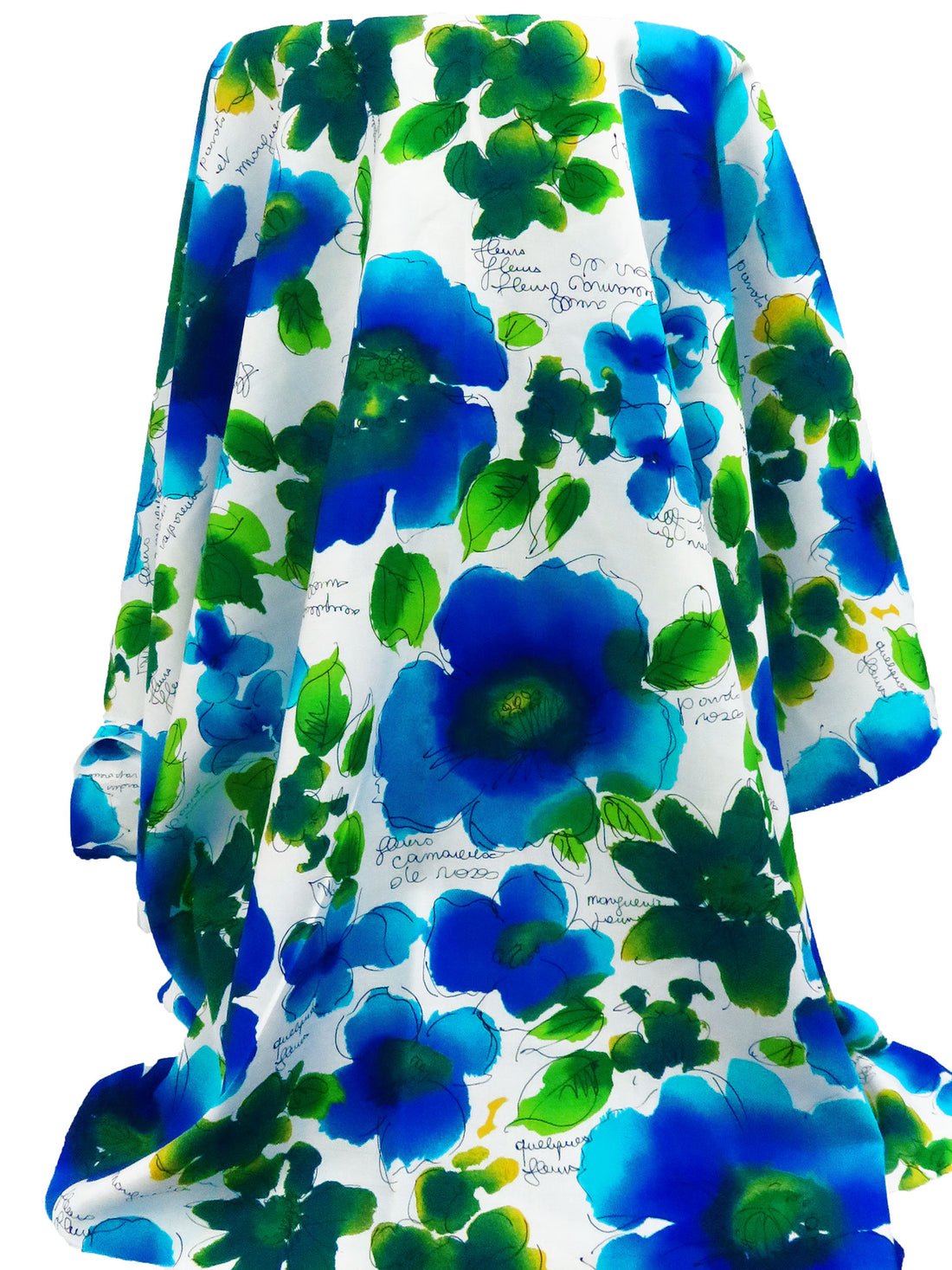 White/Forest Green/Rich Vivid Blue/Multi 100% Rayon Painterly Floral Print Challis 44W