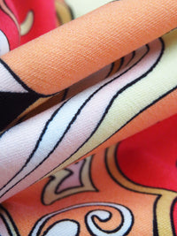 Imperial Red/Black/Pale Lemon/Multi Rayon/Nylon/Lycra Abstract Scrollwork Print Stretch Bengaline Suiting - NY Designer - 58W