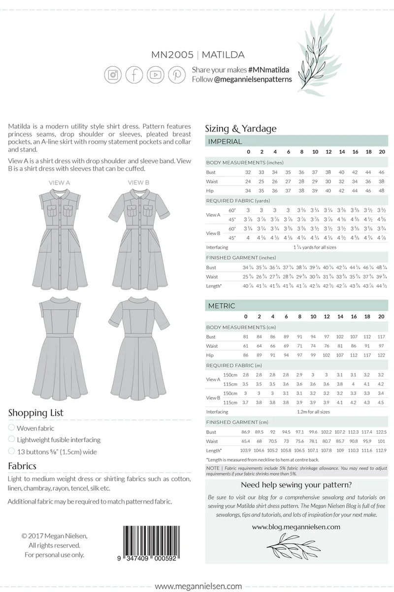 Megan Nielsen Patterns - Matilda Shirt Dress - Size 0-20