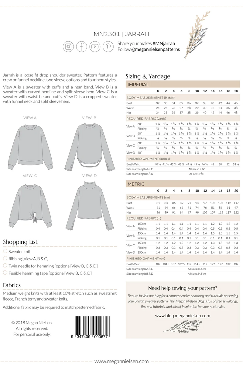 Megan Nielsen Patterns - Jarrah Sweater - Size 0-20