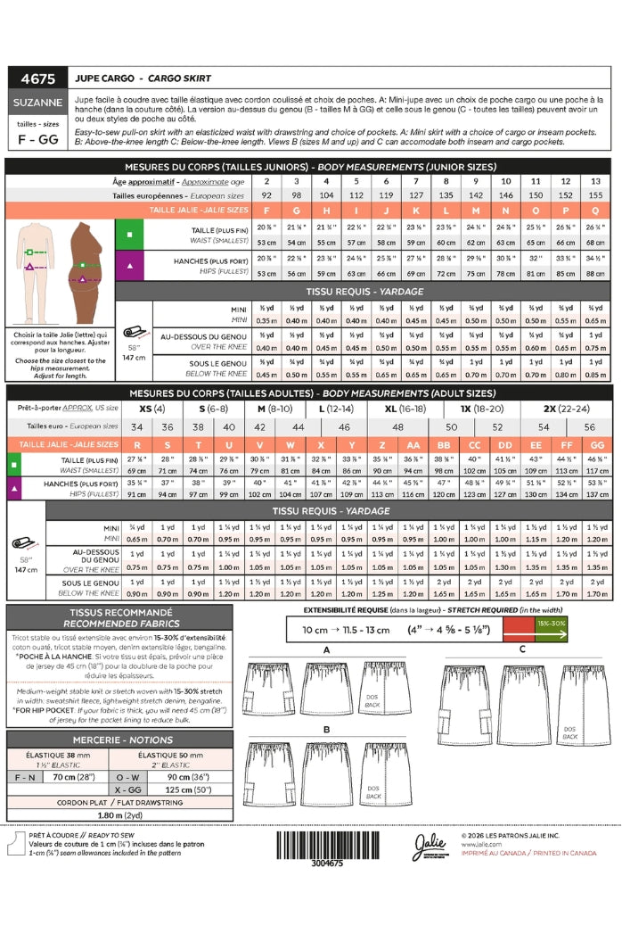 Jalie Patterns - Suzanne Cargo Skirt #4675 - Children/Adult 28 Sizes