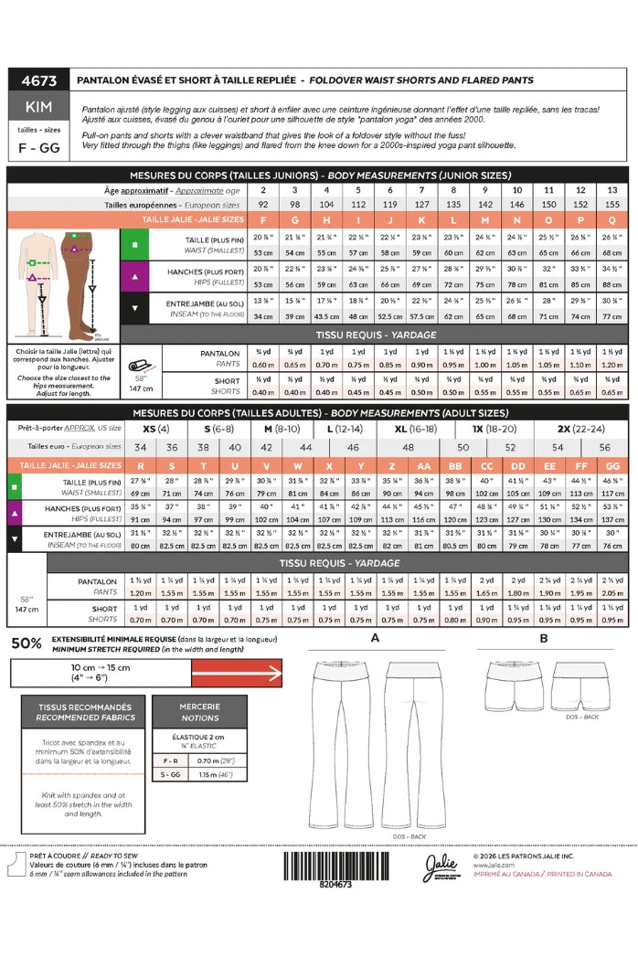 Jalie Patterns - Kim Pull On Pants + Shorts #4673 - Children/Adult 28 Sizes