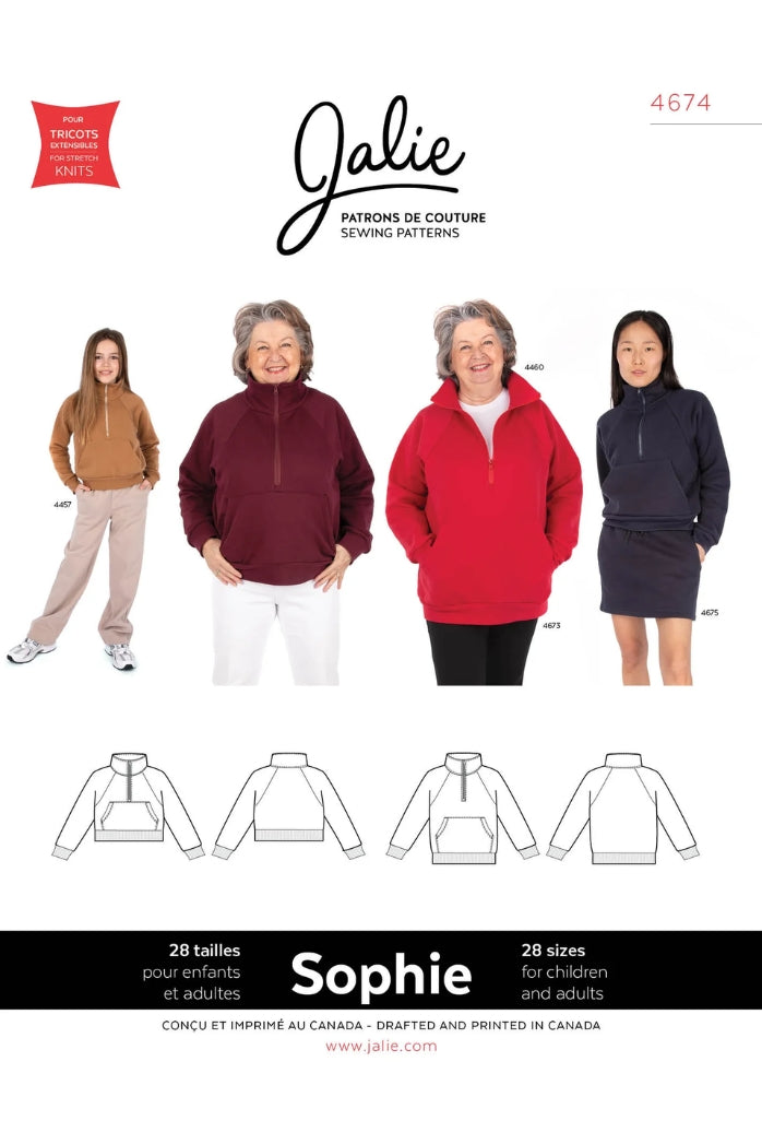Jalie Patterns - Sophie Half-Zip Sweatshirt #4674 - Children/Adult 28 Sizes