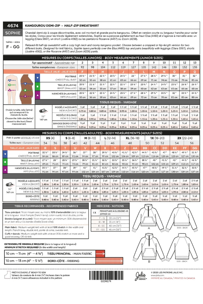 Jalie Patterns - Sophie Half-Zip Sweatshirt #4674 - Children/Adult 28 Sizes