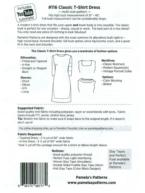 Pamela's Patterns - Classic T-Shirt Dress #116 Fabric Mart Pamela's Patterns - Classic T-Shirt Dress #116 Fabric Mart