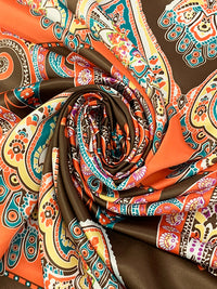 Earth Brown/Persimmon/White/Multi 100% Polyester Ornate Paisley Floral Print Charmeuse 57W