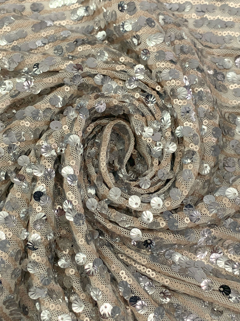 Soft Sandalwood/Silver 100% Nylon Horizontal Flip Sequins On Mesh Knit - LA Designer - 52W