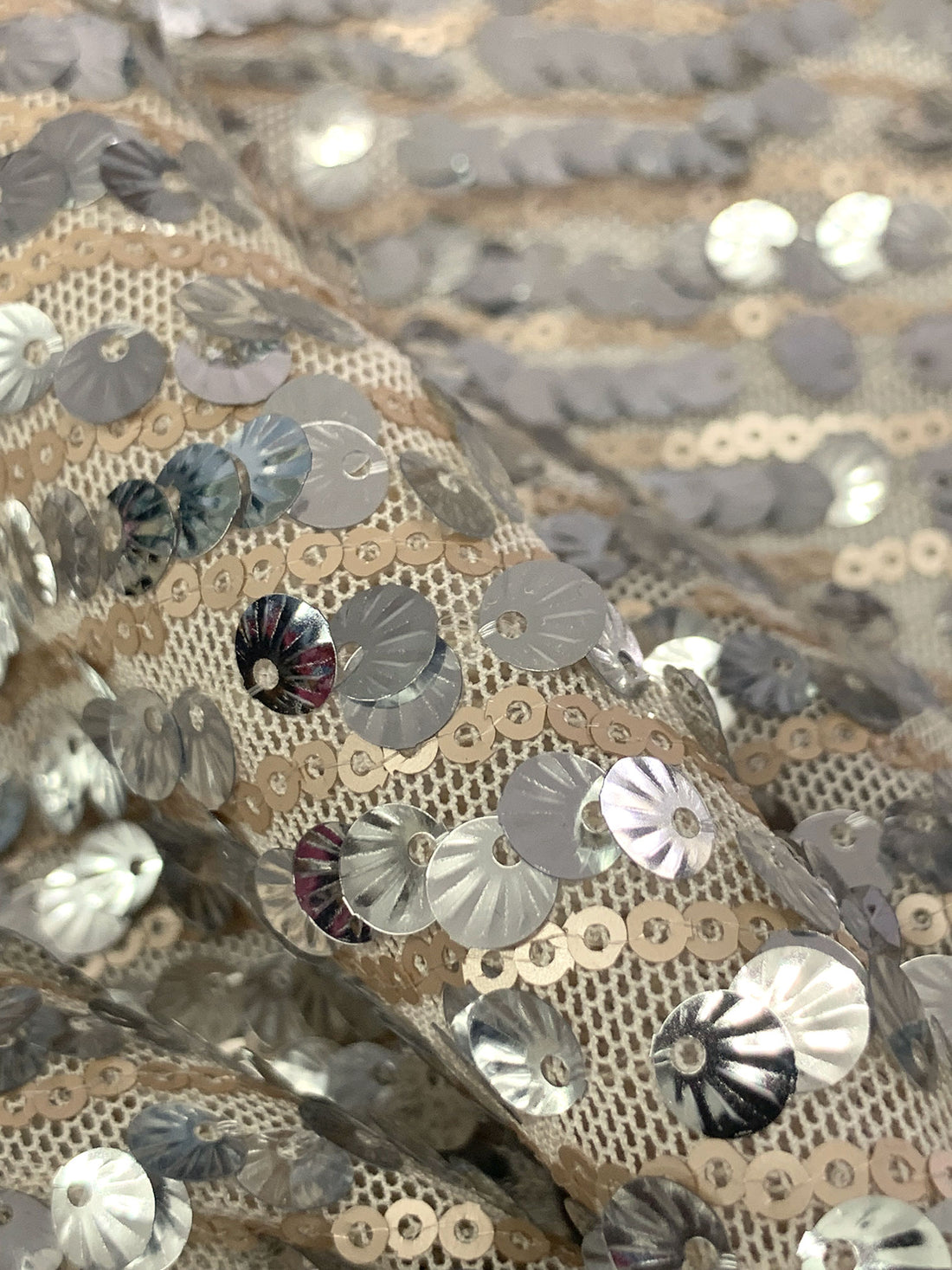 Soft Sandalwood/Silver 100% Nylon Horizontal Flip Sequins On Mesh Knit - LA Designer - 52W