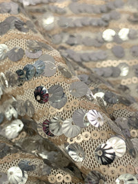 Soft Sandalwood/Silver 100% Nylon Horizontal Flip Sequins On Mesh Knit - LA Designer - 52W