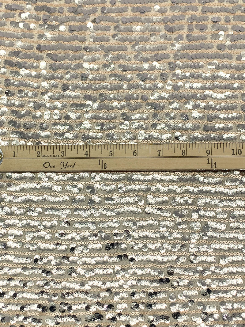 Soft Sandalwood/Silver 100% Nylon Horizontal Flip Sequins On Mesh Knit - LA Designer - 52W