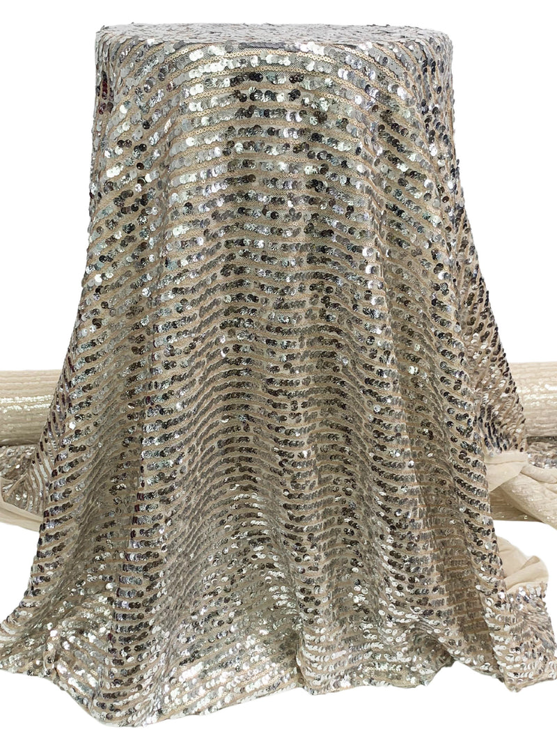 Soft Sandalwood/Silver 100% Nylon Horizontal Flip Sequins On Mesh Knit - LA Designer - 52W
