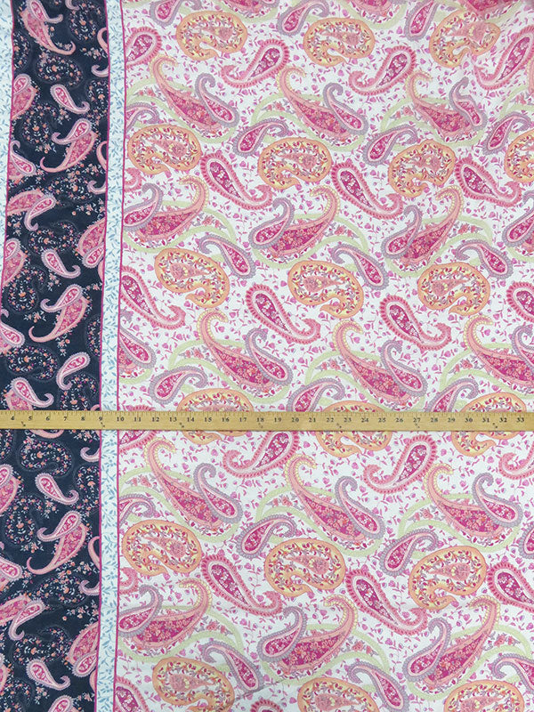 Hot Fruit Punch Pink/Dark Navy/Soft Tangerine/Multi 100% Rayon Double Border Floral Paisley Print Gauze 54W