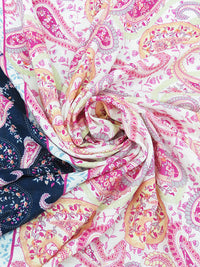 Hot Fruit Punch Pink/Dark Navy/Soft Tangerine/Multi 100% Rayon Double Border Floral Paisley Print Gauze 54W