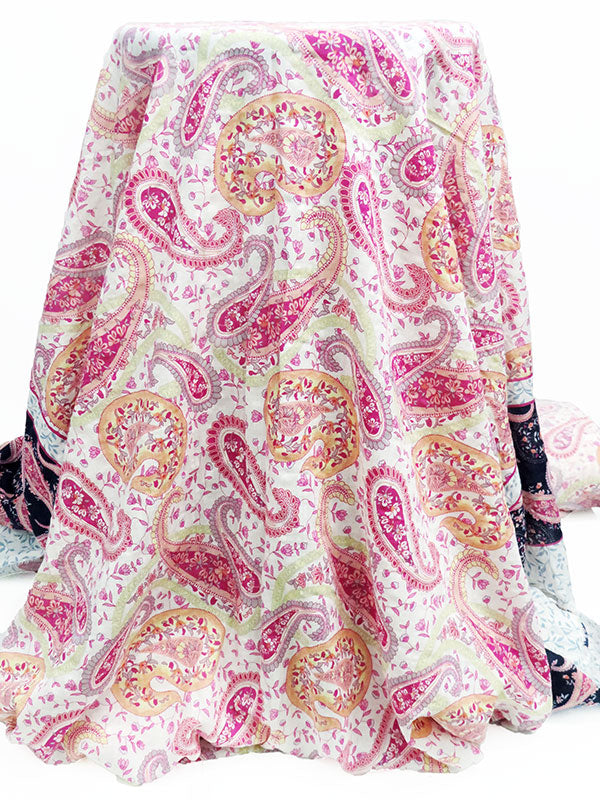 Hot Fruit Punch Pink/Dark Navy/Soft Tangerine/Multi 100% Rayon Double Border Floral Paisley Print Gauze 54W