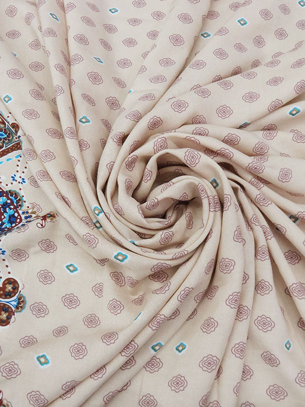 Cappuccino Beige/Bright Sky Blue/Mauve Purple/Multi 100% Rayon Floral Double Border Medallion Print Challis 54W