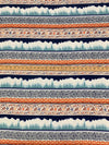 Deep Navy/Steel Teal/Glazed Persimmon 100% Rayon Horizontal Abstract Floral Stripe Print Crinkle Challis 54W