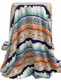 Deep Navy/Steel Teal/Glazed Persimmon 100% Rayon Horizontal Abstract Floral Stripe Print Crinkle Challis 54W