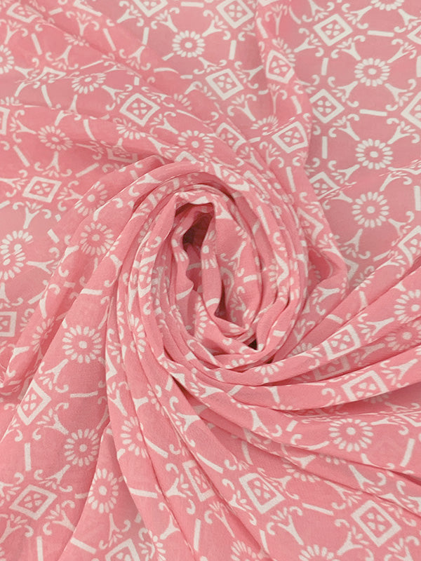 Ruddy Pink/Off-White 100% Polyester Geometric Floral Medallion Print Crepe Chiffon 58W