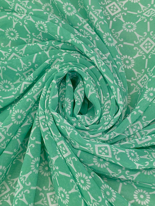 Muted Sea Green/Off-White 100% Polyester Geometric Floral Medallion Print Crepe Chiffon 56W